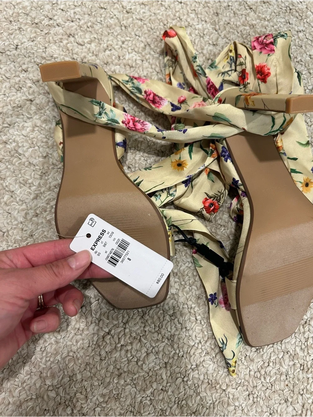 Express floral lace up square toe heels